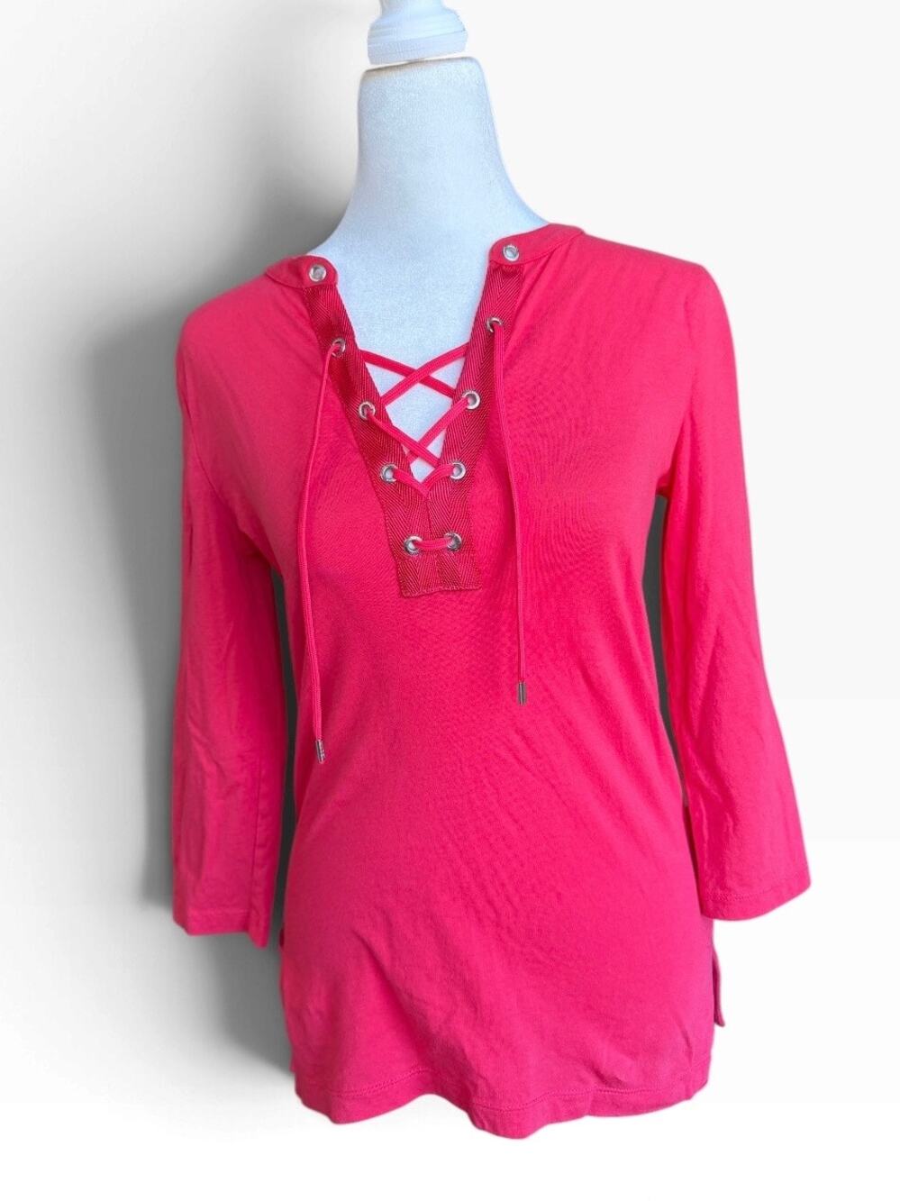 Lauren Ralph Lauren Salmon Cotton Lace-Up V-Neck Top XS